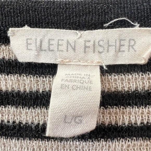 Eileen Fisher Black & Oatmeal Stripe Linen Blend Short Sleeve Top L - Picture 3 of 5